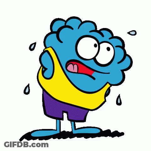 A Cartoon Of A Blue Brain Wearing A Yellow Shirt And Purple Shorts . GIF