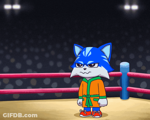 A Cartoon Of A Blue Cat In A Boxing Ring With A Green Belt GIF