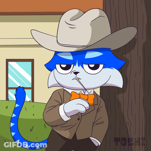 A Cartoon Of A Blue Cat Wearing A Cowboy Hat GIF