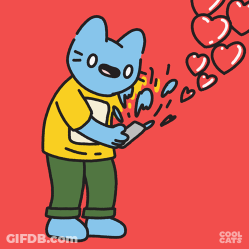 A Cartoon Of A Blue Cat With Hearts Coming Out Of His Chest By Cool Cats GIF