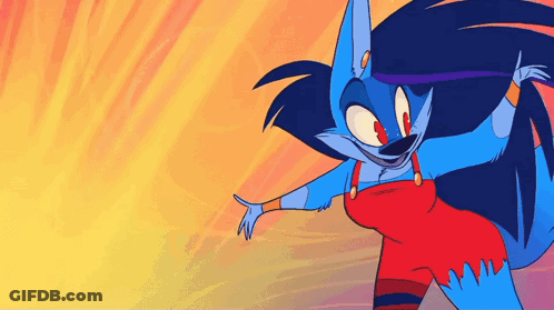 A Cartoon Of A Blue Fox With Long Black Hair GIF