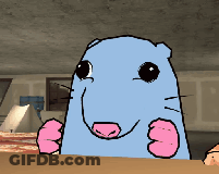 A Cartoon Of A Blue Hamster With Pink Paws Sitting At A Table GIF