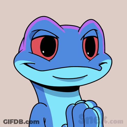A Cartoon Of A Blue Lizard With Red Eyes And The Website Snek.com In The Corner GIF