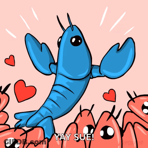 A Cartoon Of A Blue Lobster Surrounded By Red Hearts And The Words Yay Sue GIF