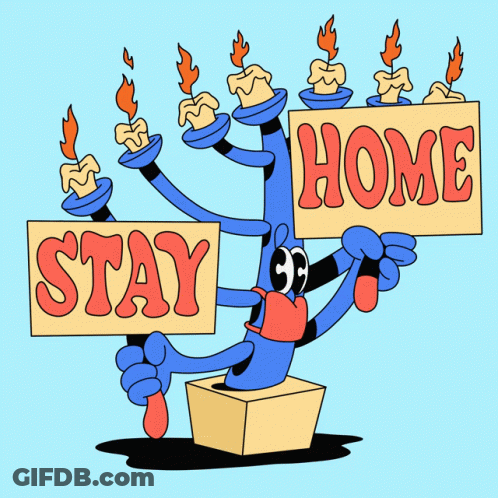 A Cartoon Of A Blue Monster Holding A Sign That Says Stay Home GIF