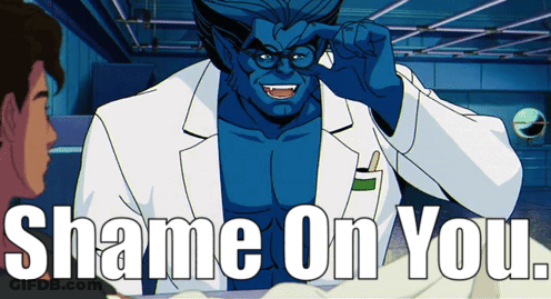 A Cartoon Of A Blue Monster With The Words Shame On You Behind Him GIF