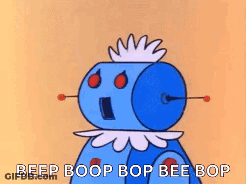 A Cartoon Of A Blue Robot With The Words `` Beep Boop Bop Bee Bop '' Written Below It . GIF