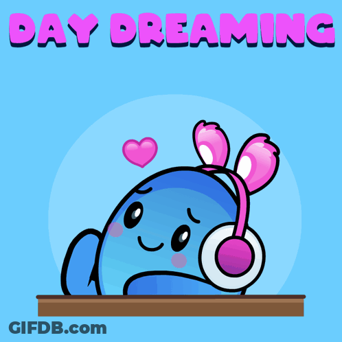 A Cartoon Of A Blue Whale Wearing Pink Headphones With The Words Day Dreaming Below It GIF