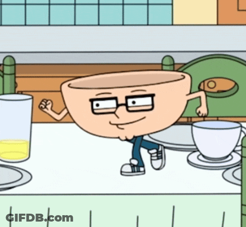 Cartoon Bowl With Arms And Legs Standing On Table GIF