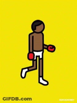 A Cartoon Of A Boxer With His Arms In The Air And The Words Quickmoney Below Him GIF