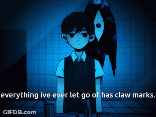 A Cartoon Of A Boy And A Bird With The Words " Everything Ive Ever Let Go Of Has Claw Marks " GIF