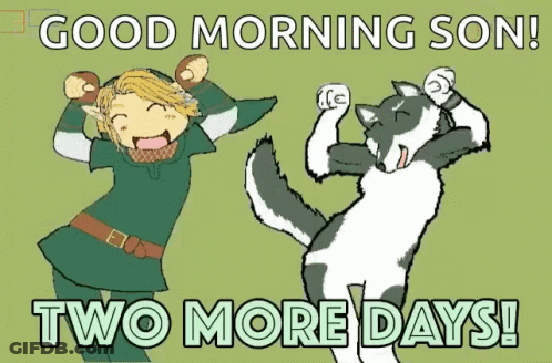 A Cartoon Of A Boy And A Cat With The Words " Good Morning Son Two More Days " Below Them GIF