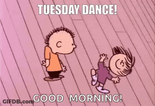 A Cartoon Of A Boy And A Girl Dancing On A Wooden Floor With The Words Tuesday Dance Good Morning . GIF