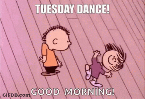 A Cartoon Of A Boy And A Girl Dancing On A Wooden Floor With The Words Tuesday Dance Good Morning . GIF