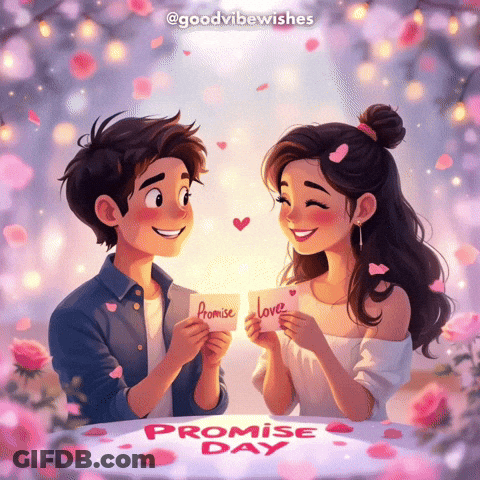 A Cartoon Of A Boy And A Girl Holding A Sign That Says " Promise Love " GIF