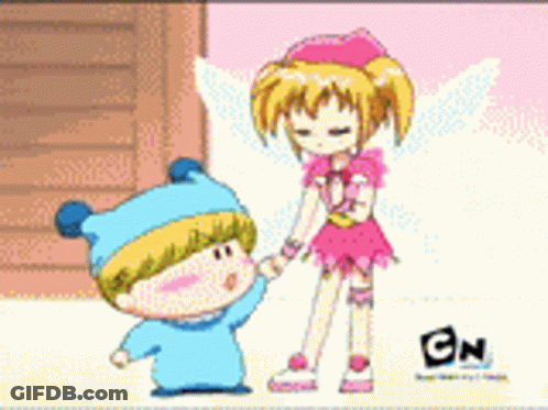 A Cartoon Of A Boy And A Girl Holding Hands With Cn On The Bottom GIF