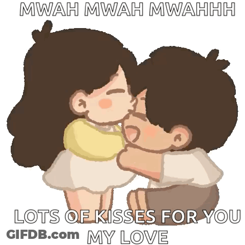 A Cartoon Of A Boy And A Girl Hugging And Kissing With The Words Lots Of Kisses For You My Love . GIF