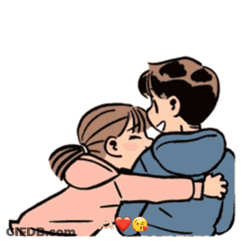 A Cartoon Of A Boy And A Girl Hugging Each Other With A Heart In The Middle GIF