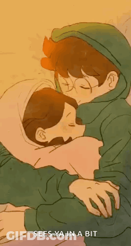 A Cartoon Of A Boy And A Girl Hugging Each Other With The Words `` Sees Ya In A Bit '' . GIF
