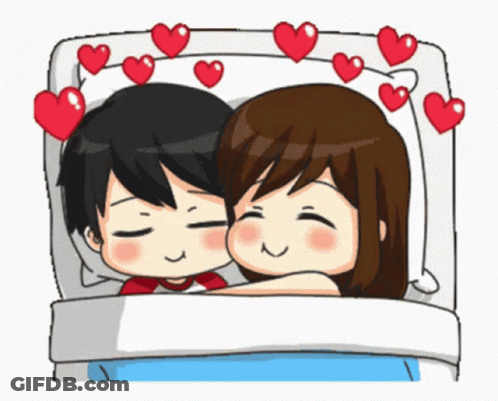 A Cartoon Of A Boy And A Girl Hugging In Bed GIF