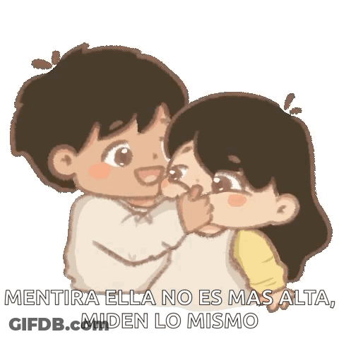 A Cartoon Of A Boy And A Girl Hugging With The Words Mentira Ella No Es Mas Alta GIF