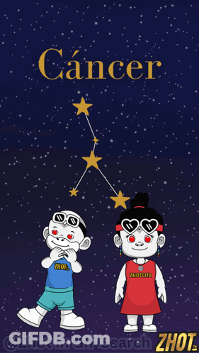 A Cartoon Of A Boy And A Girl In Front Of A Constellation Called Cancer GIF