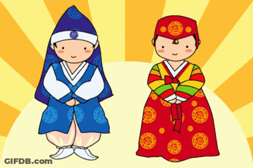 A Cartoon Of A Boy And A Girl In Traditional Clothes GIF