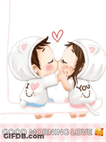 A Cartoon Of A Boy And A Girl Kissing With The Words `` Good Morning Love '' . GIF