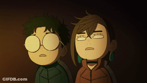 A Cartoon Of A Boy And A Girl Looking Up GIF