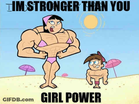 A Cartoon Of A Boy And A Girl On A Beach With The Caption " Im Stronger Than You " GIF