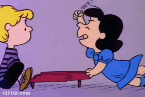 A Cartoon Of A Boy And A Girl Playing A Piano . The Girl Is Wearing A Blue Dress . GIF