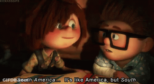 A Cartoon Of A Boy And A Girl Saying South America Is Like America But South GIF