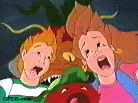 A Cartoon Of A Boy And A Girl Screaming With A Monster In The Background GIF
