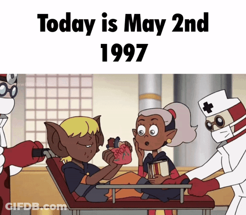 A Cartoon Of A Boy And A Girl Sitting In An Ambulance With Today Being May 2Nd 1997 GIF