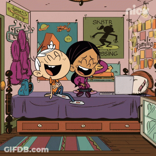 A Cartoon Of A Boy And A Girl Sitting On A Bed With A Sign That Says Sk8tr On The Wall GIF