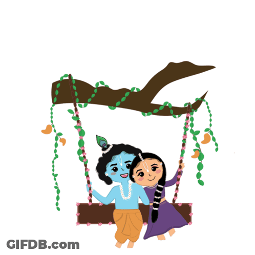 A Cartoon Of A Boy And A Girl Sitting On A Swing With The Words Radha Krishna Above Them GIF