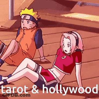 A Cartoon Of A Boy And A Girl Sitting On A Wooden Floor With The Words Tarot And Hollywood Below Them GIF