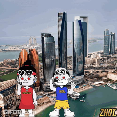 A Cartoon Of A Boy And A Girl Standing In Front Of A City Skyline With The Word Zhout On The Bottom GIF