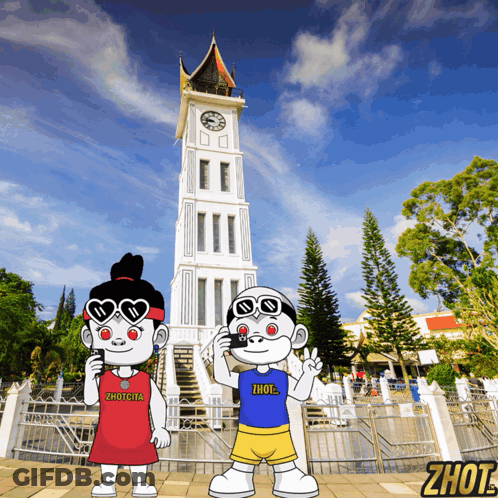A Cartoon Of A Boy And A Girl Standing In Front Of A Clock Tower That Says Zhot GIF
