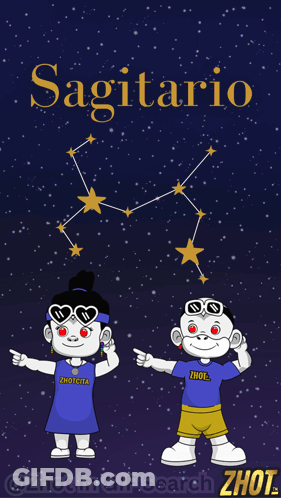 A Cartoon Of A Boy And A Girl Standing In Front Of A Constellation Called Sagittarius GIF