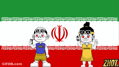 A Cartoon Of A Boy And A Girl Standing In Front Of A Flag With The Word Zhout On The Bottom GIF
