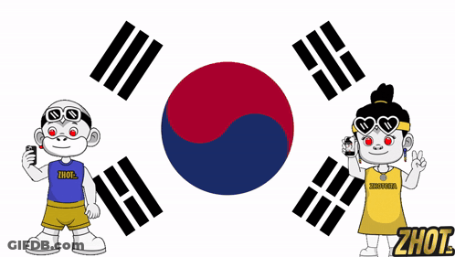 A Cartoon Of A Boy And A Girl Standing In Front Of A Korean Flag With The Word Zhou On The Bottom GIF