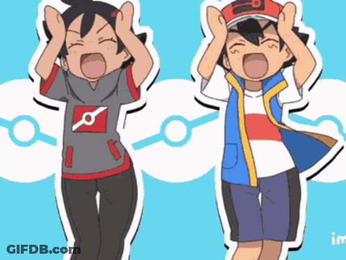 A Cartoon Of A Boy And A Girl Standing Next To Each Other With Their Mouths Open GIF