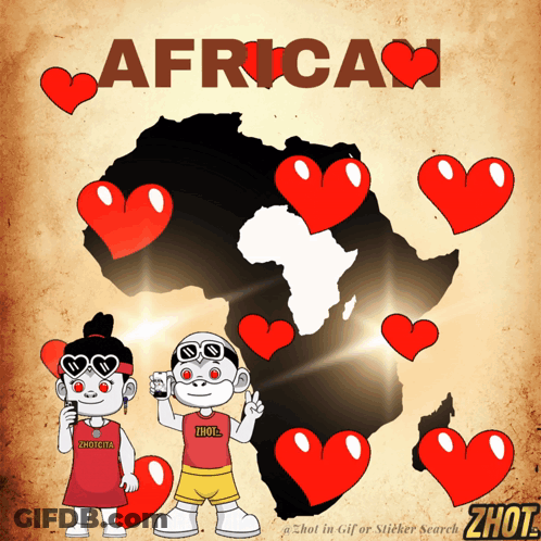 A Cartoon Of A Boy And A Girl Surrounded By Hearts With The Word Africa Written Above Them GIF
