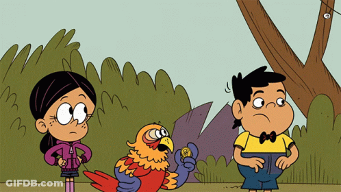 A Cartoon Of A Boy And A Girl With A Parrot GIF