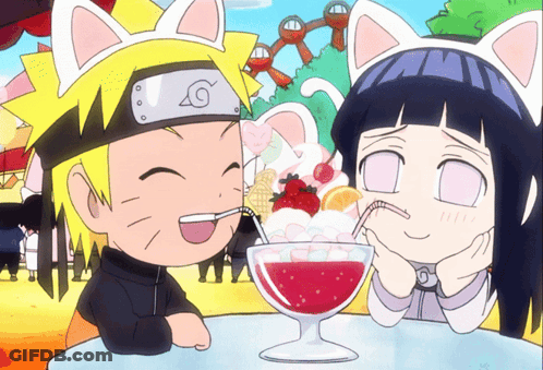 A Cartoon Of A Boy And A Girl With Cat Ears Drinking From A Cup GIF
