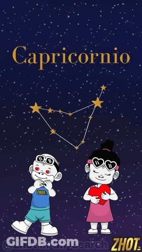 A Cartoon Of A Boy And A Girl With The Constellation Capricornio GIF