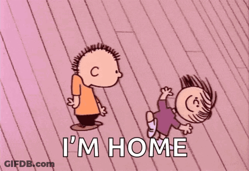 A Cartoon Of A Boy And A Girl With The Words I 'M Home Above Them GIF
