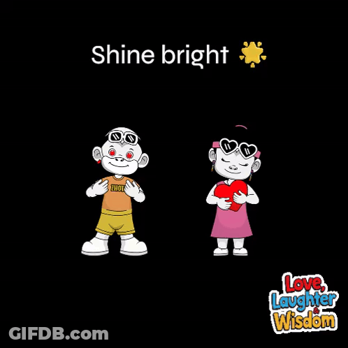 A Cartoon Of A Boy And A Girl With The Words Love Laughter Wisdom Written Below Them GIF