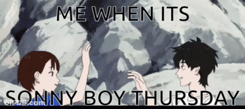 A Cartoon Of A Boy And A Girl With The Words Me When Its Sonny Boy Thursday GIF